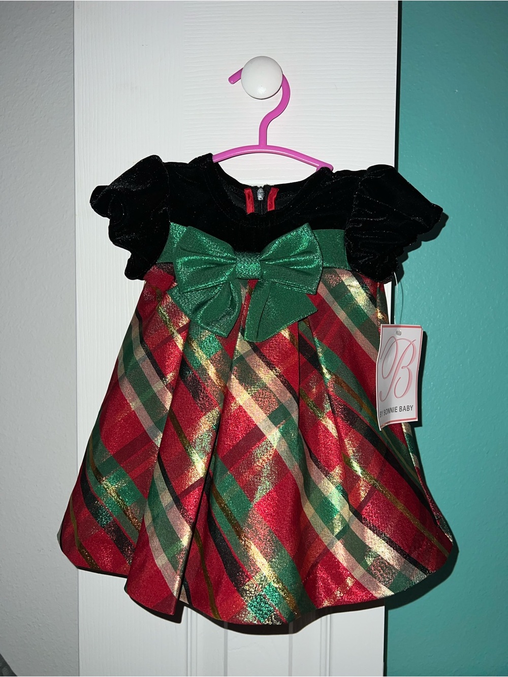 Holiday Plaid Baby Christmas Dress with Green Bow